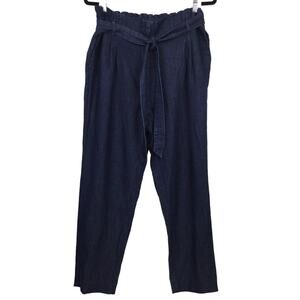 Loft Women's Paper Bag Dark Wash Blue Cotton Linen Belted Straight Leg Pant L
